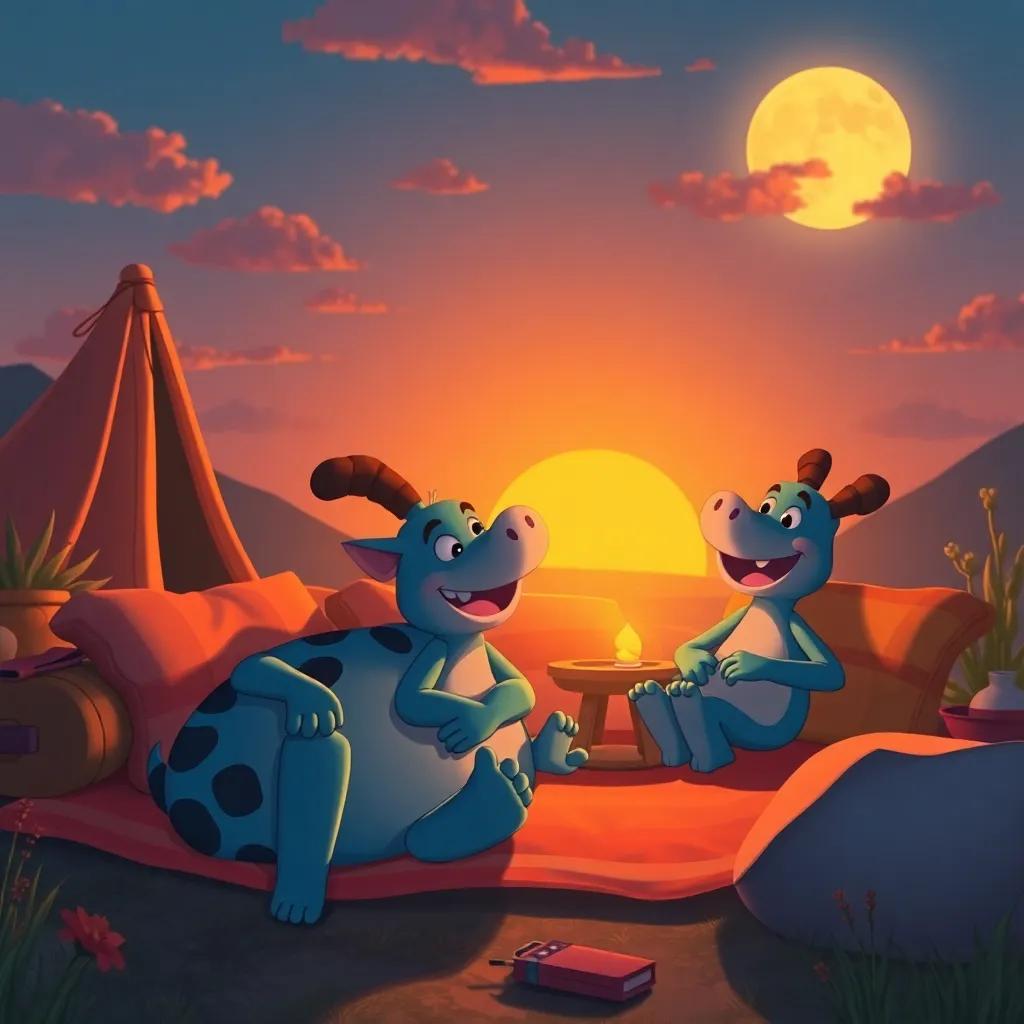 Toot and friends relaxing after a long day of adventure, surrounded by setting sun, joyous reflections on their journey, warm and inviting atmosphere, illustration, dusk colors, high quality