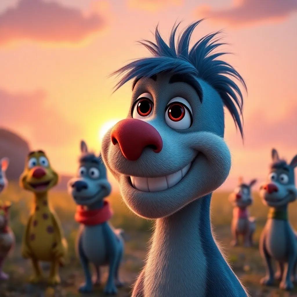 A close-up of Toot, wearing a proud smile, saying goodbye to his friends as they head home, sun setting in the background, bright colors, emotional warmth, digital art, heartfelt scene, high quality