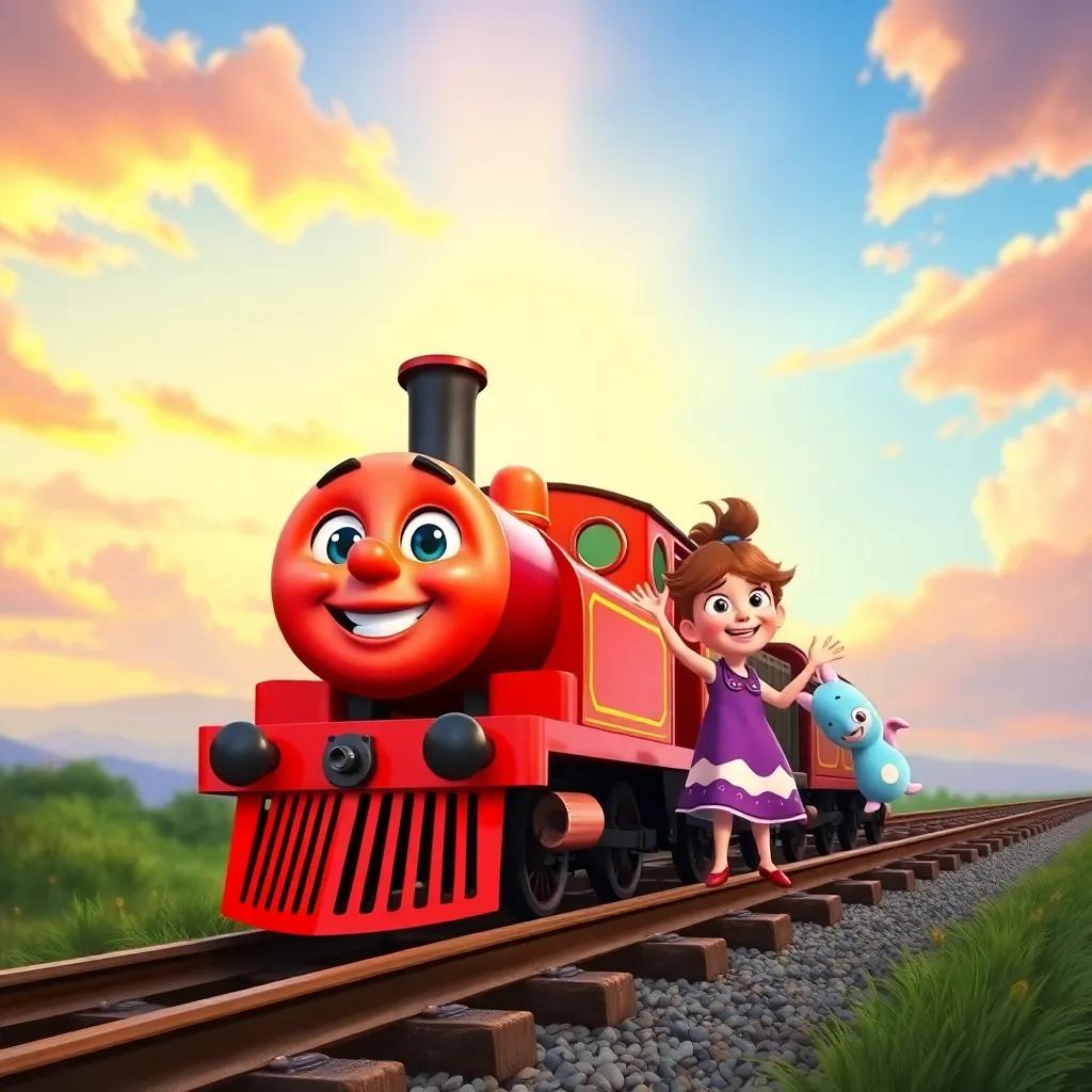 Toot, the little red train, confidently chugging along the tracks with Benny and Lila, a joyful spirit of adventure and teamwork radiating from them against a colorful sky, digital art, bright, cheerful, high quality