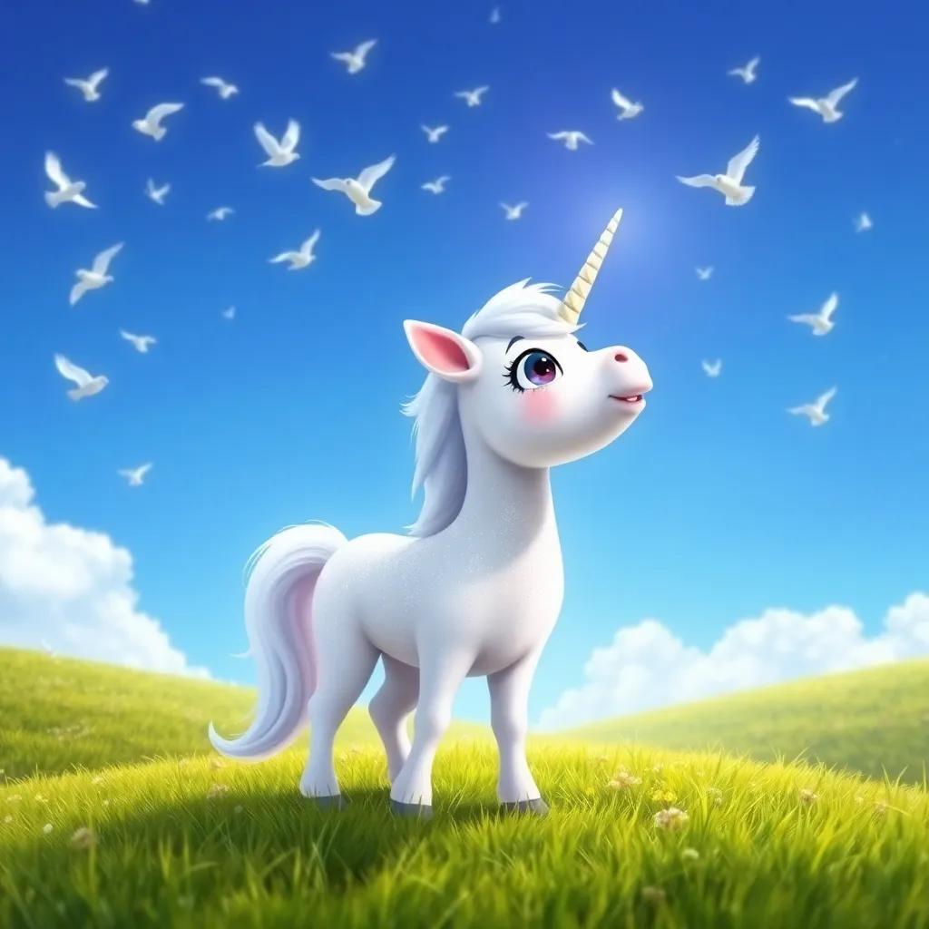 A little unicorn named Lily with a sparkling white coat, standing on a grassy hill looking up at the blue sky filled with birds, cheerful atmosphere, bright colors, magical feeling, high quality