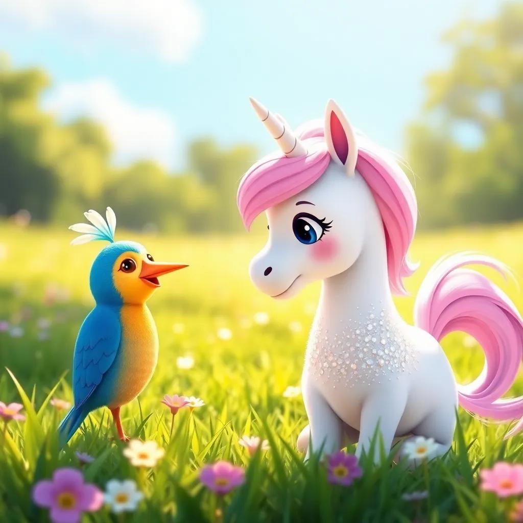 Lily, a little unicorn with a sparkling white coat, talking to her friend Billy the bird, who has bright blue feathers, on a sunny morning in a lush green meadow, vibrant colors, warm light, friendly atmosphere, cheerful engagement