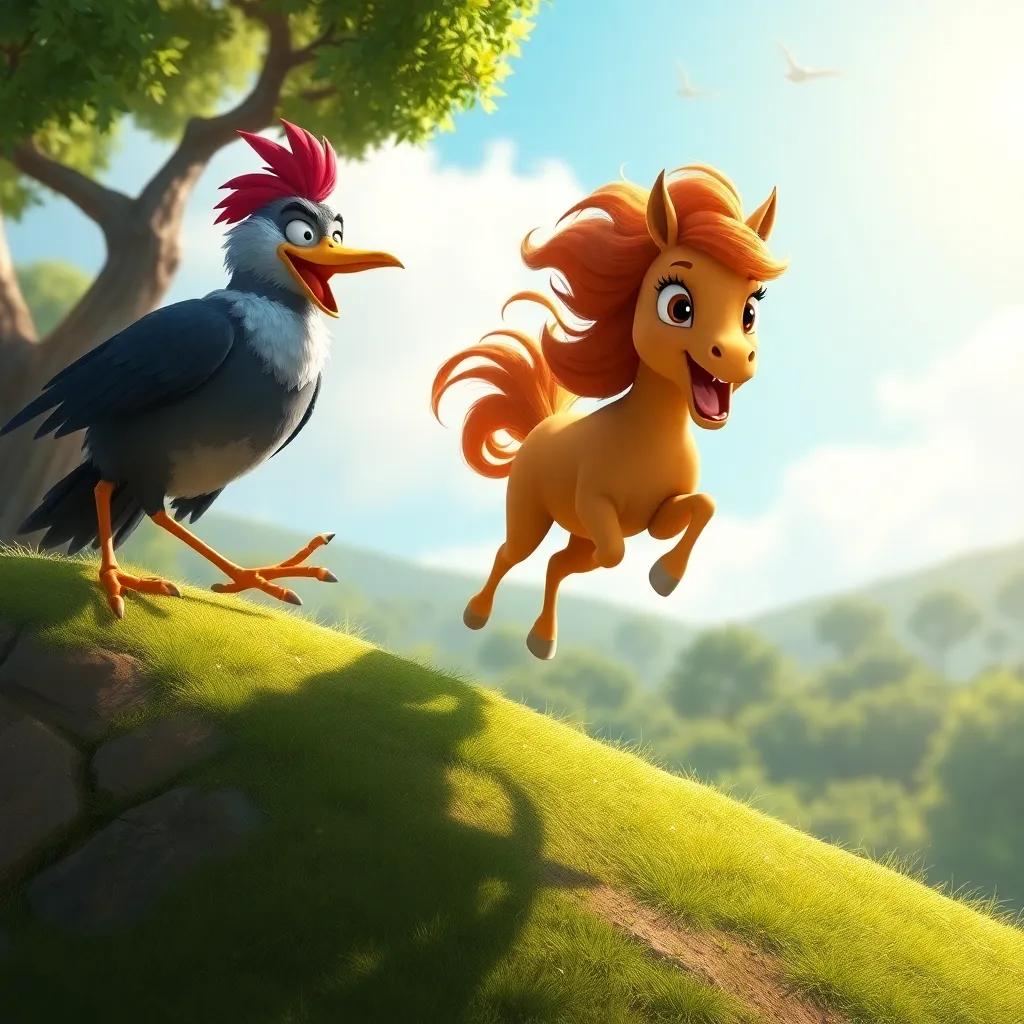 Billy the bird showing Lily how to leap off a small hill, with Lily running fast and the wind ruffling her mane, the sun shining brightly, dynamic scene, encouraging environment, joyful atmosphere