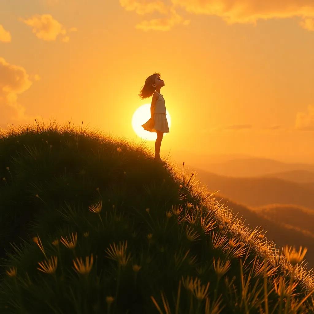 Lily at the top of a tall hill, breathing deeply and getting ready for her biggest leap, the sun setting behind her, golden colors, intense anticipation, warm lighting, inspiring moment
