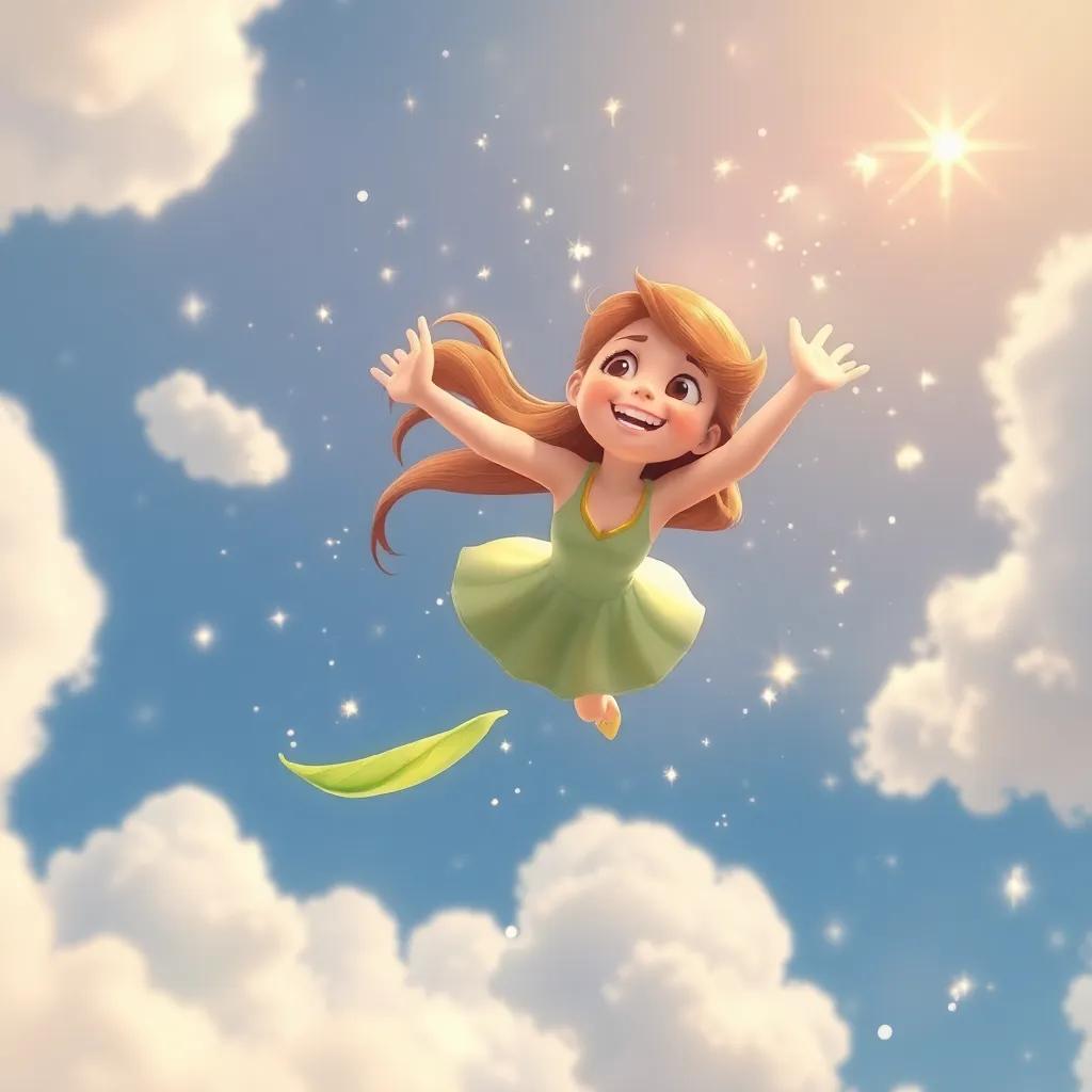 Lily soaring through the air, surrounded by sparkling sparkles, with joy on her face, gliding through the sky like a leaf, fluffy clouds around her, magical feel, dreamlike atmosphere, bright colors