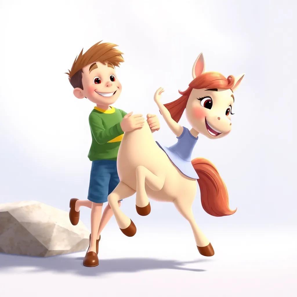 Billy cheering for Lily, who is joyfully gliding down, with her hooves touching the ground, both of them smiling brightly, soft colors and happy expressions, friendly interaction