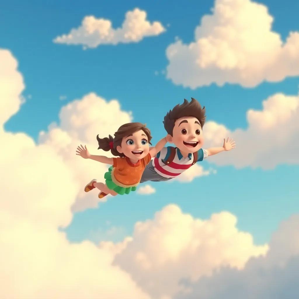Lily and Billy flying together through the sky, exploring the vastness of clouds, enjoying the sense of freedom and adventure, light and joyful colors, playful atmosphere