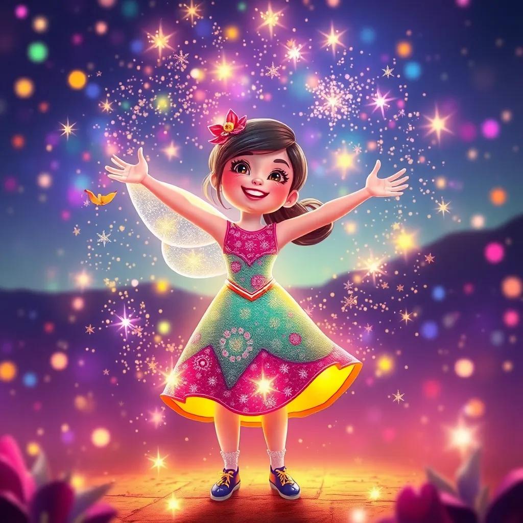 Lily embracing her unique talent, surrounding by sparkling magic and jubilant colors, celebrating her journey with Billy beside her, inspiring view, uplifting feeling