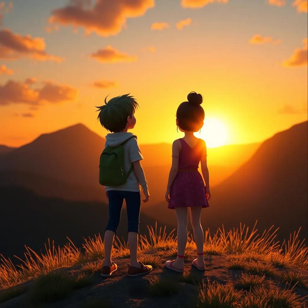 Lily and Billy standing on the hill watching the sunset together, feeling proud of their adventures, warm golden light, reflective moment, friendship, joyful colors