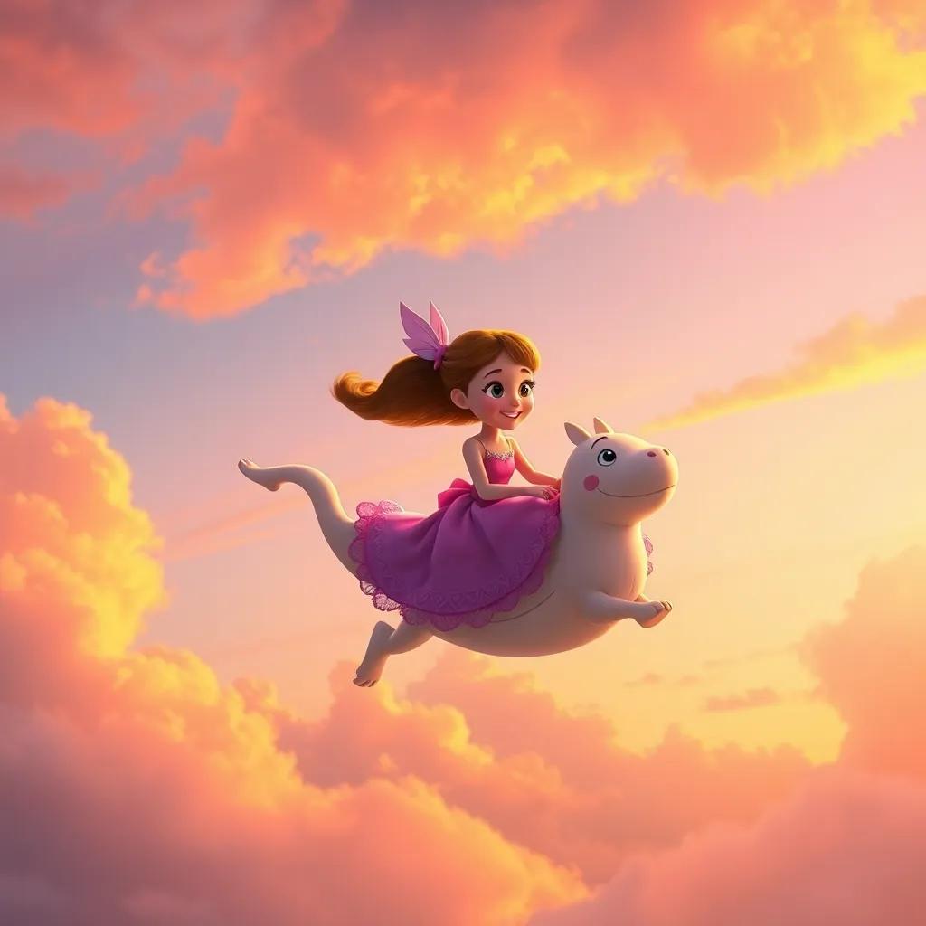A magical scene of Lily gliding in a bright sky alongside Billy, the sunset painting the sky in warm colors, high quality, heartwarming view, fulfilling moment