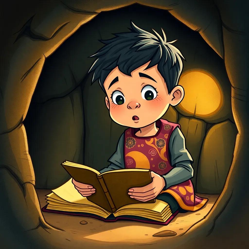 Wassim, a six-year-old Arab boy, with short black hair wearing a colorful apron, kneeling in a small, dark badger den with a dusty old book, filled with yellowed pages, wonder in his expression, warm light, magical feeling, illustration, inviting atmosphere, child-friendly