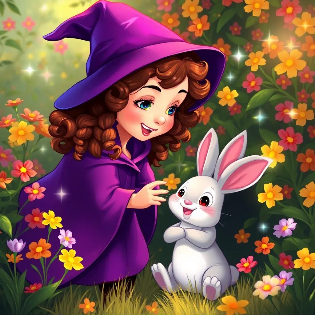 A little witch, Tilly, with curly brown hair in a purple cloak, helping Benny the bunny escape from a bush, filled with bright flowers, magical sparkles around them, joyful and warm scene, child-friendly illustration