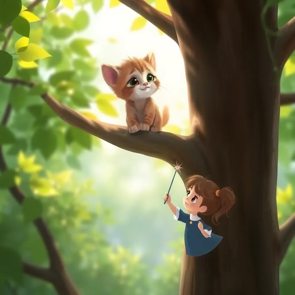 A little kitten named Mia, perched high in a tree, looking down at Tilly, who is waving her wand, with a gentle breeze swirling around, the tree full of vibrant green leaves, whimsical setting, heartwarming