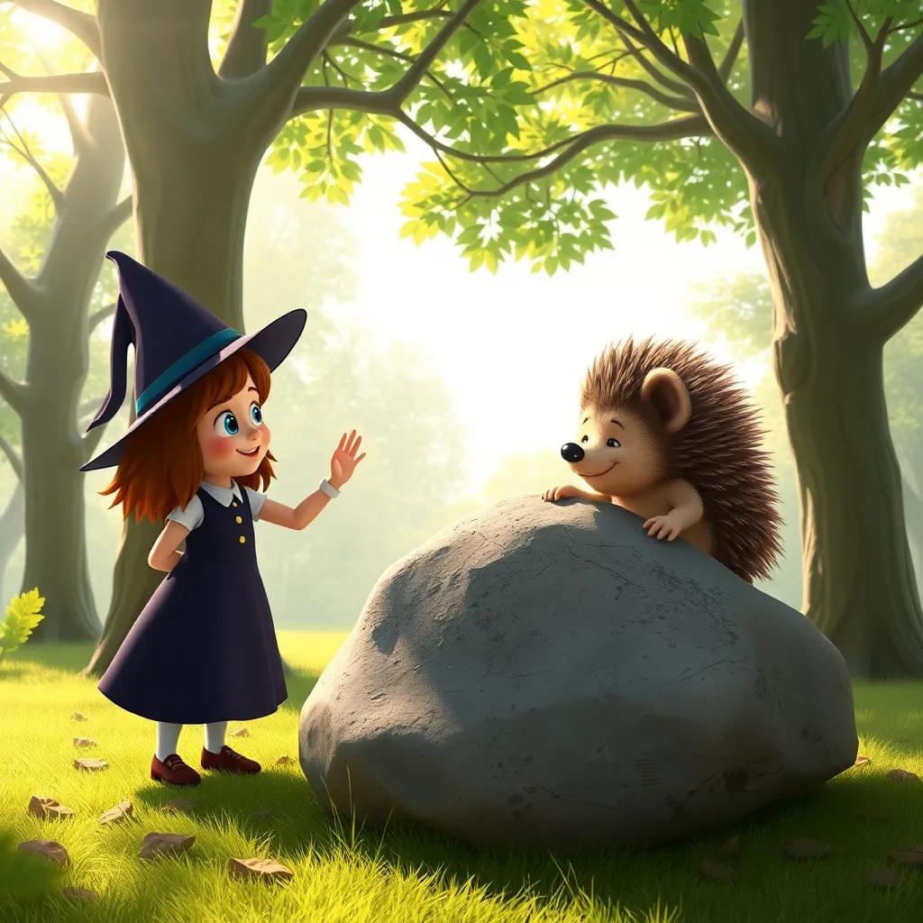 Tilly the little witch waving her wand, casting a spell of kindness to help Harold the hedgehog move a large rock, trees surrounding them, sunlight filtering through the branches, uplifting scene, playful