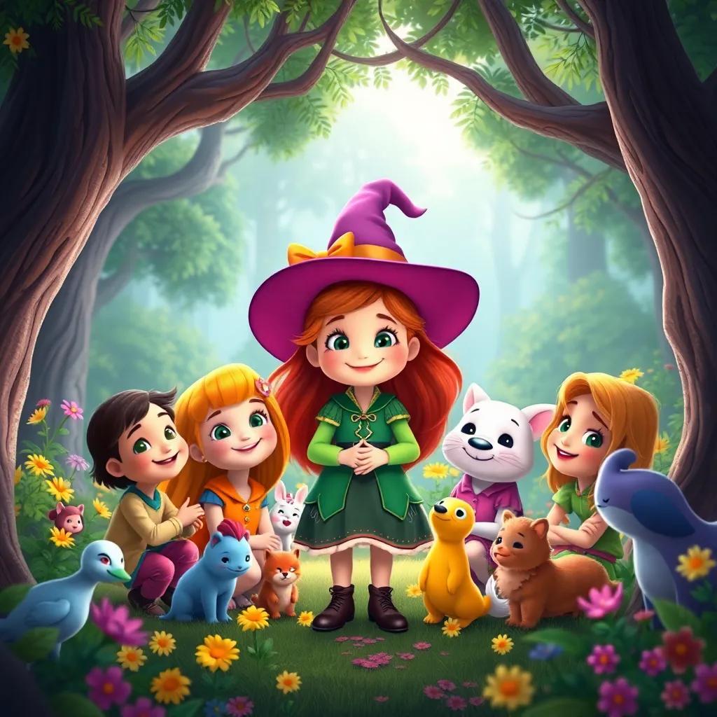 Tilly the little witch and her friends gathered in a circle, bright smiles on all their faces as they plan to help each other, the forest alive with colorful flowers and animals, happy and engaging atmosphere, heartwarming
