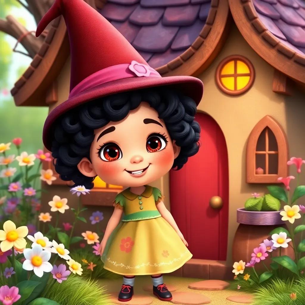 A little witch named Bella, a young girl with curly black hair, wearing a colorful dress and a pointed hat, standing by her cute cottage surrounded by blooming flowers, cheerful atmosphere, vibrant colors, fairytale setting, digital art, inviting