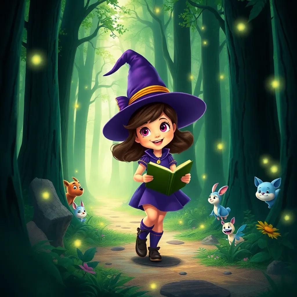 Bella, the little witch, walking through an enchanted forest with tall trees and sparkling lights, smiling as she searches for her spellbook, magical creatures peeking, whimsical style, rich greens and bright colors, joyful perspective