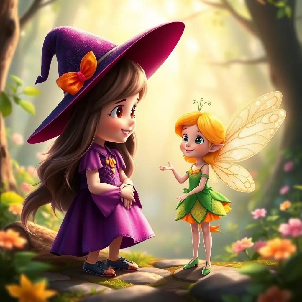 Bella, the little witch, meeting a fairy named Lily, a tiny girl with shimmering wings and a bright dress, fluttering around Bella as they plan their adventure, magical forest background, bright and lively, child-friendly