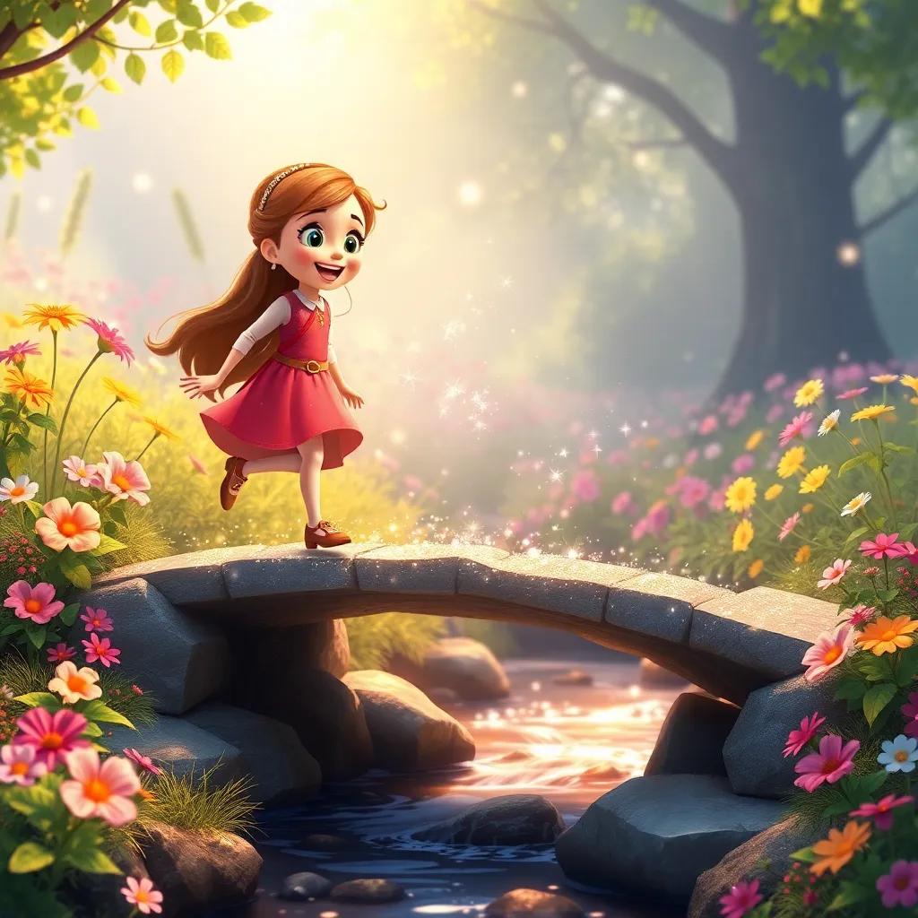 Bella and Lily crossing a magical bridge made of sparkles above a brook, full of laughter as they explore, colorful flowers blooming around them, happy adventure scene, cheerful colors and warm light, inviting atmosphere