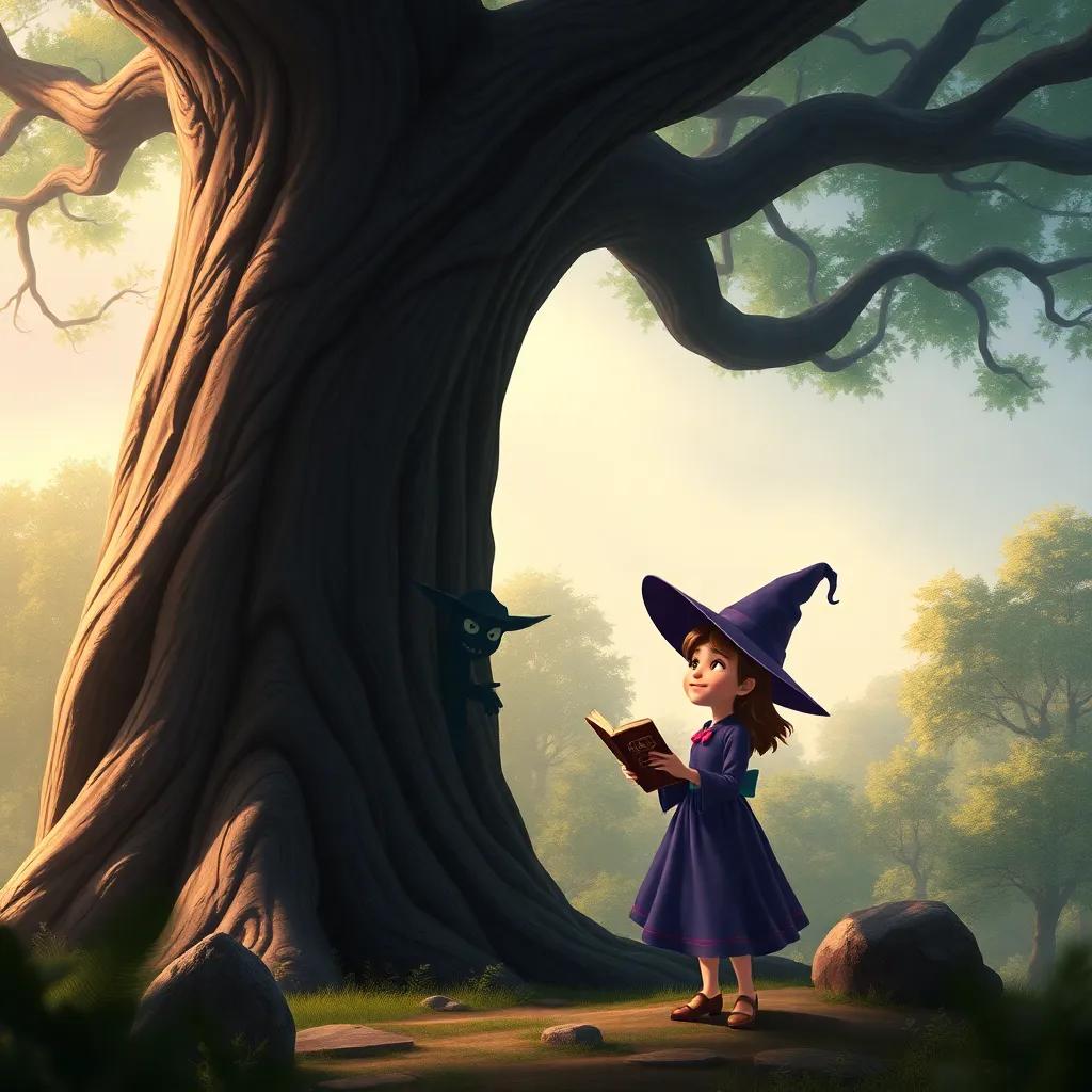 Bella, the little witch, standing under a giant oak tree with her spellbook on a branch, looking up with excitement, a big shadowy figure, the mischievous Goblin Grizzle, hiding behind the tree, mystical atmosphere, details in the forest around them