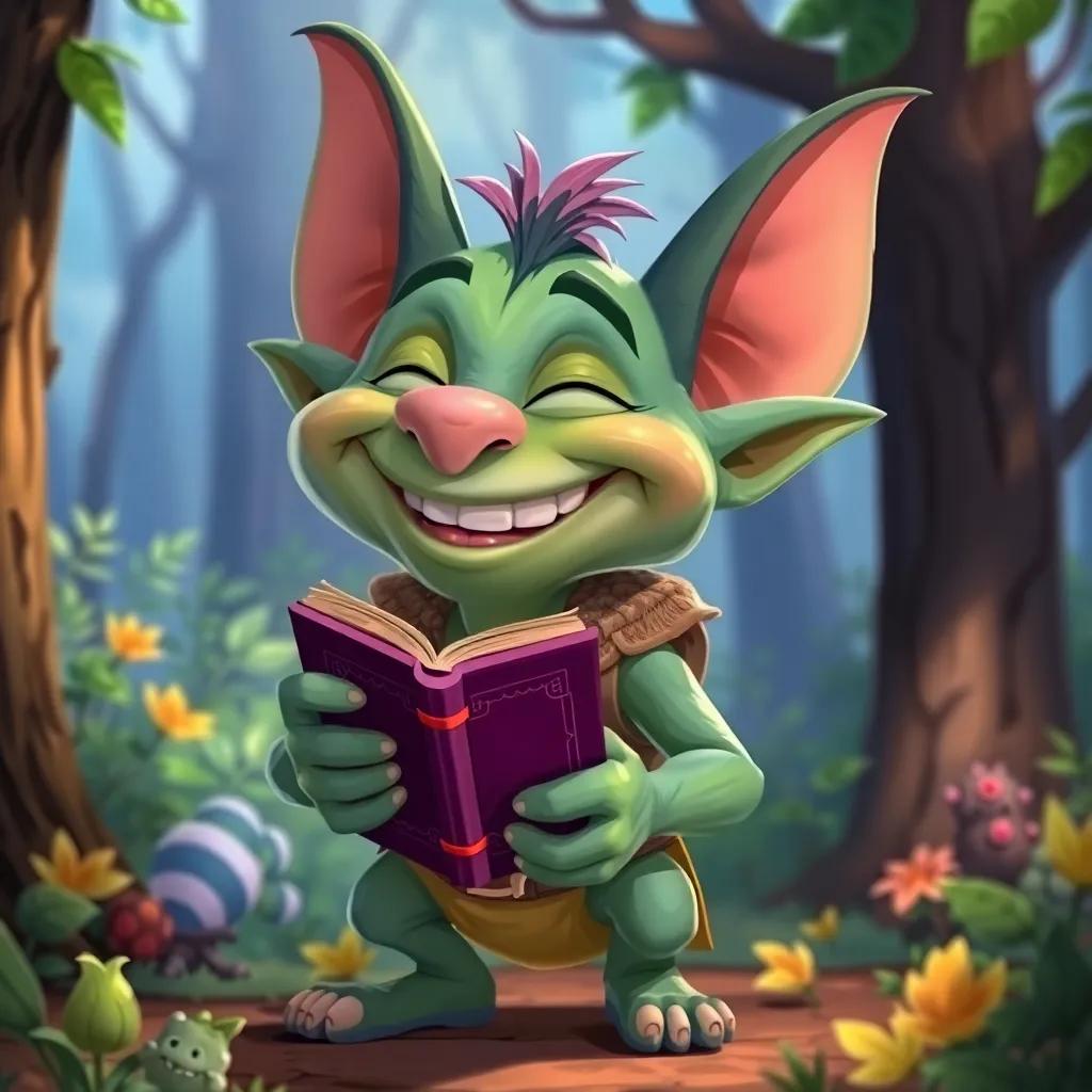 A laughing Grizzle the Goblin, with large ears and a playful grin, handing back the spellbook to Bella, surrounded by bright forest colors, lively and warm illustration style, emotional expression