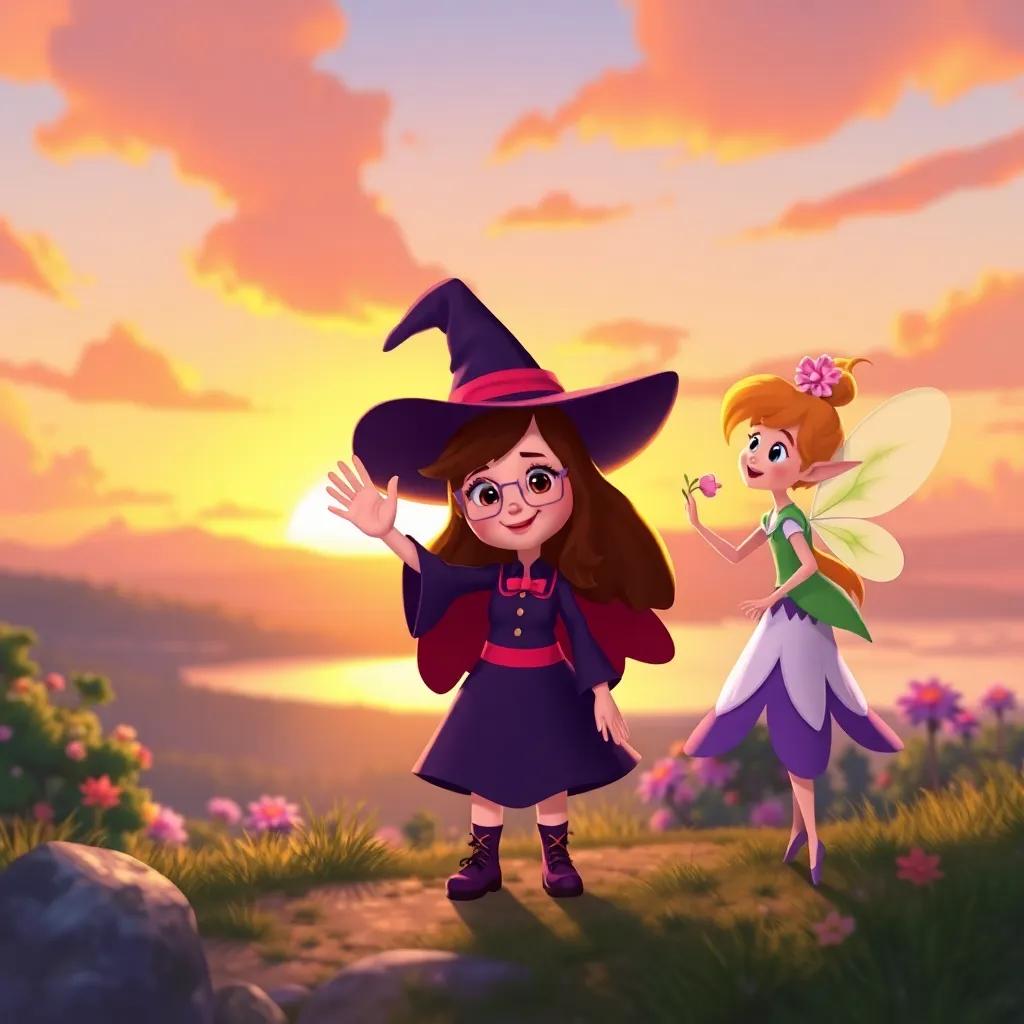 Bella, the little witch, waving goodbye to her fairy friend Lily as they part after a fun adventure, a beautiful sunset in the background, colorful and heartwarming view, digital painting, cheerful and friendly