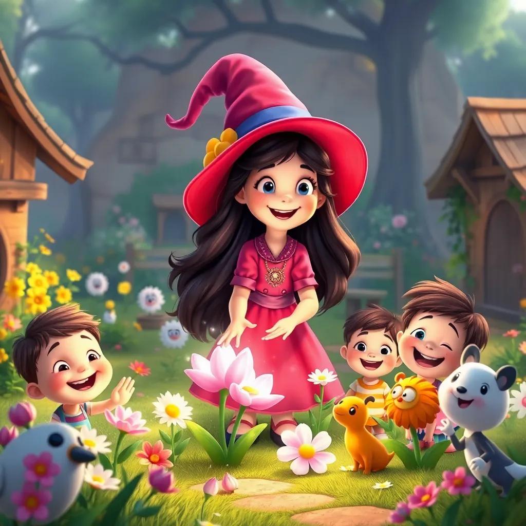 A joyful scene of Bella, the little witch, using her magic to create beautiful blooms in her village, surrounded by happily smiling children and animals, vibrant and colorful, warm light, uplifting imagery