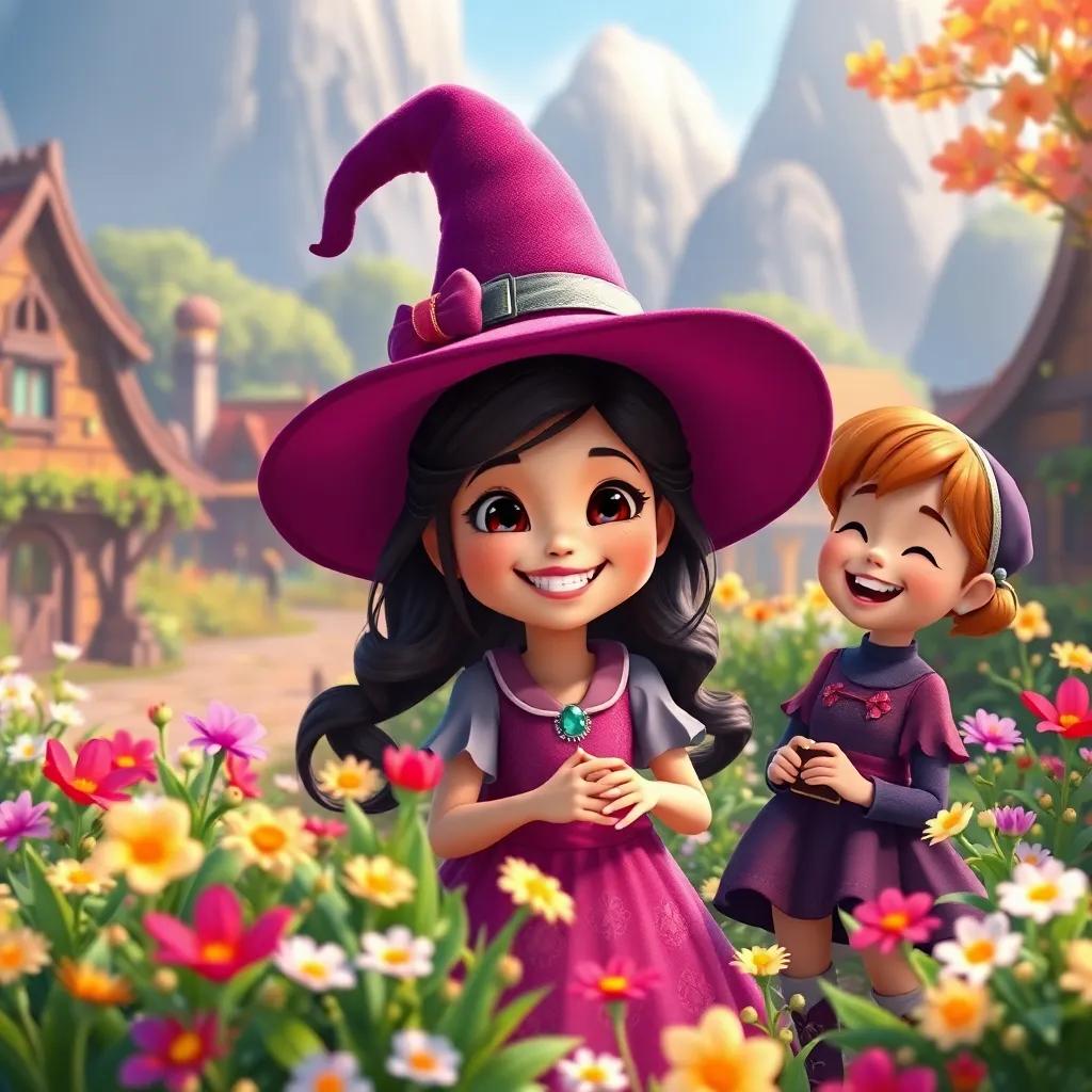 Bella, the little witch, smiling with her friends in the village, sharing her magic through kindness and joy, surrounded by a lush, colorful landscape filled with flowers and laughter, happy ending scene, bright and inviting