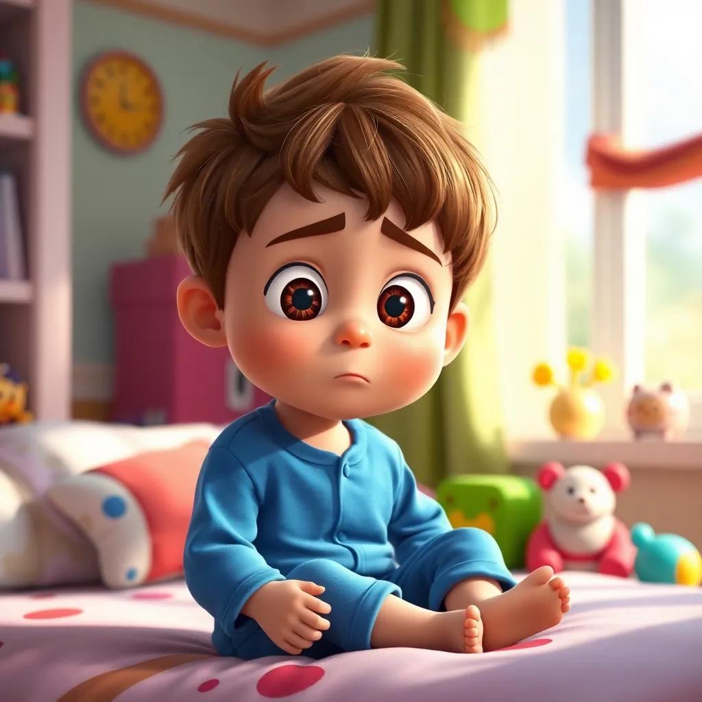 A young boy, Toby, with short brown hair, wearing blue pajamas, sitting on his bed with a confused expression, colorful room with toys and a window, cheerful morning light, digital art, whimsical, inviting, engaging scene, high quality