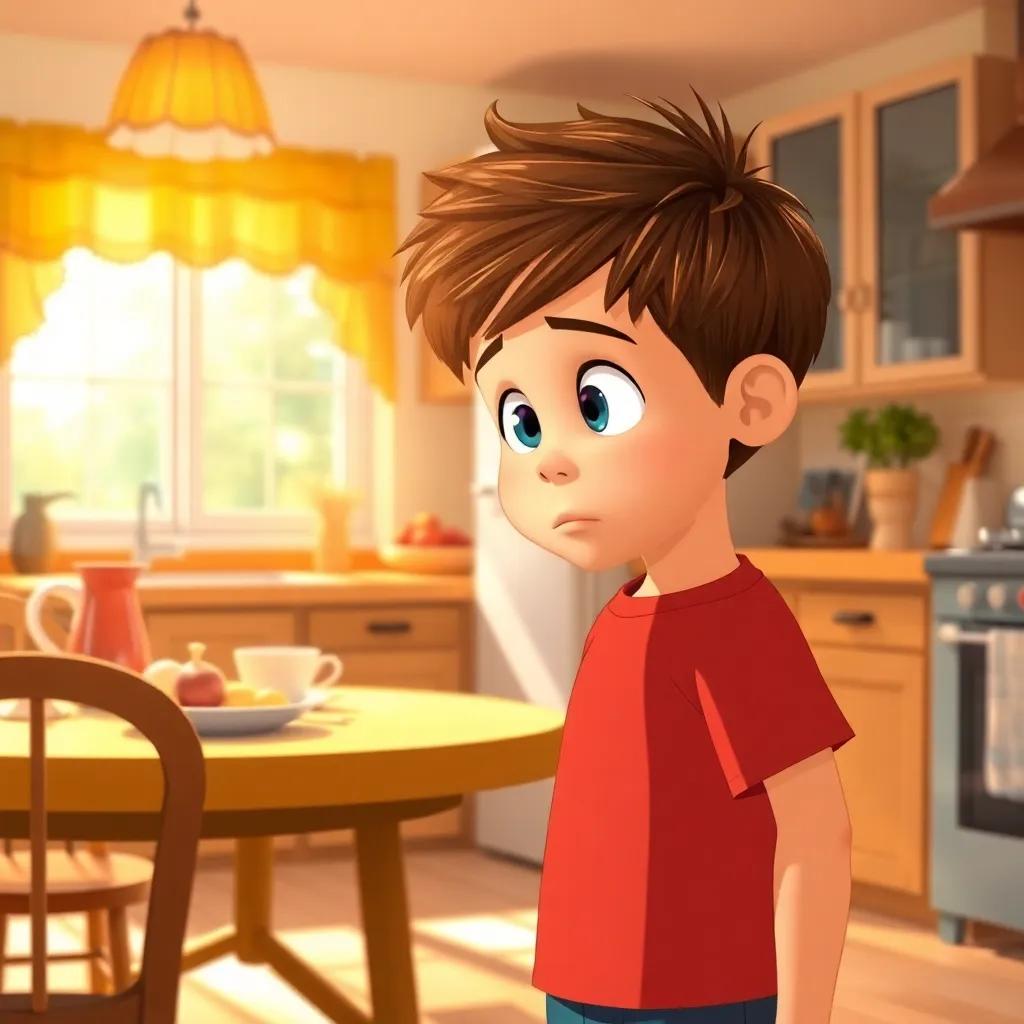 A young boy, Toby, with short brown hair, standing in the kitchen looking at his mom, who has a puzzled expression, bright breakfast table, sunshine streaming through the window, heartwarming colors, storytelling view, fantasy, child-friendly, high quality