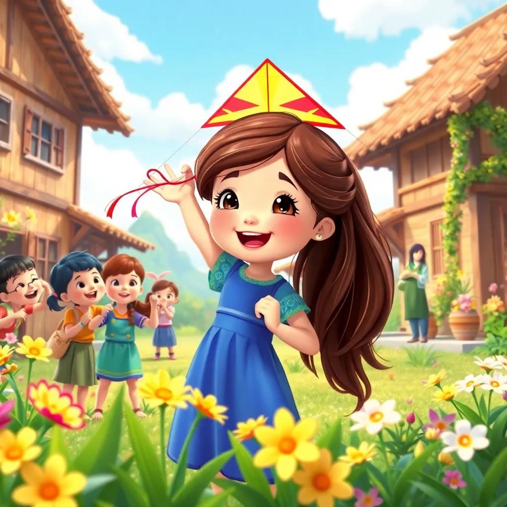 Mia, a young girl with long brown hair in a blue dress, joyfully working with other children to build a colorful kite in a sunny village, surrounded by laughter and blooming flowers, cheerful, bright colors, lively scene, high quality