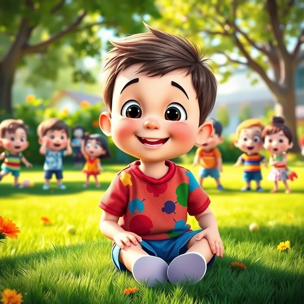 A cheerful little boy, Timmy, with short brown hair, wearing a colorful t-shirt and shorts, sitting on a grassy patch in a sunny garden surrounded by excited children, listening to his grandma. digital art, vibrant colors, joyful atmosphere, playful perspective, detailed, high quality