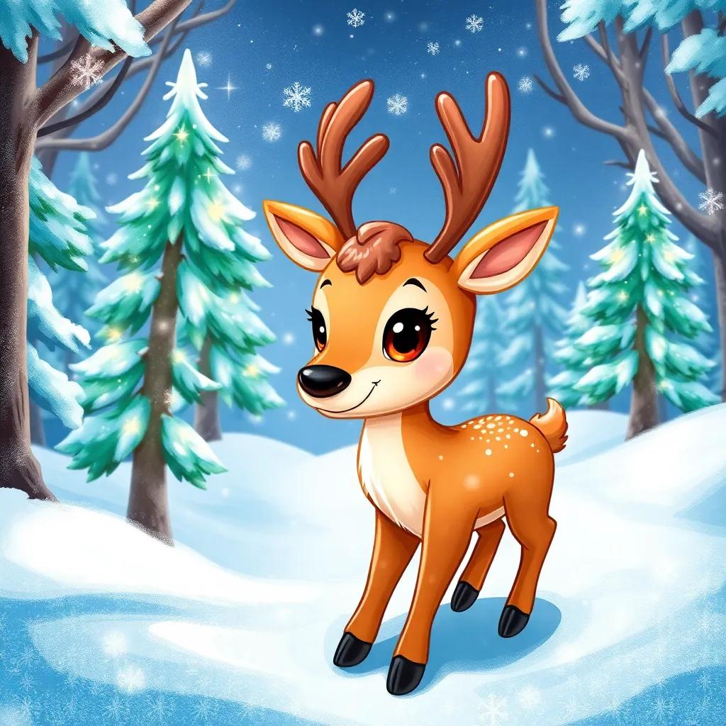 A little reindeer, Bella, with shiny fur and big, bright eyes, playing in a snowy forest filled with sparkling trees and shining snowflakes, joyful, vibrant colors, cheerful atmosphere, high quality