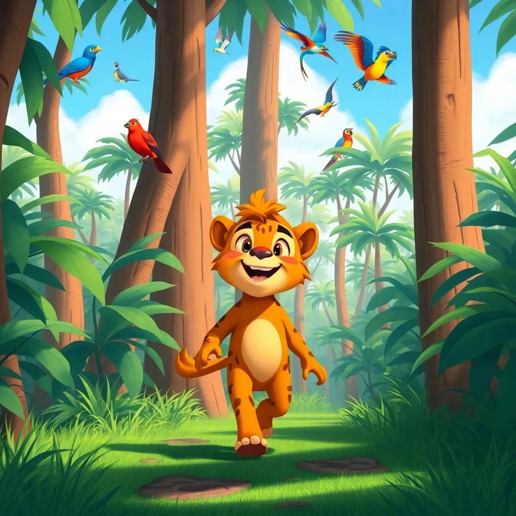 Leo walking through the jungle, surrounded by tall trees and colorful birds singing in the sky, feeling happy and adventurous, vibrant colors, illustration, nature-themed