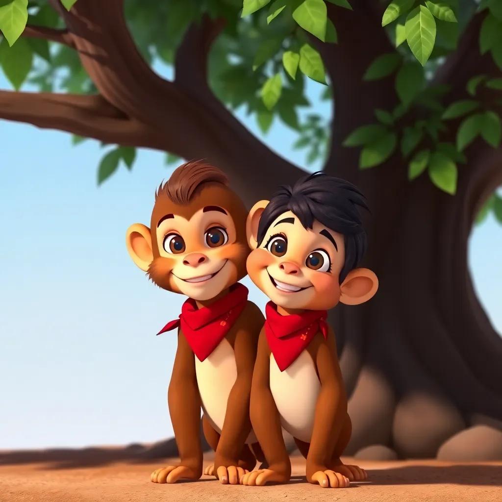 Leo and Miko, a small brown monkey with a red bandana, standing together under a tree, smiling and ready for adventure, friendship theme, bright and inviting, detailed