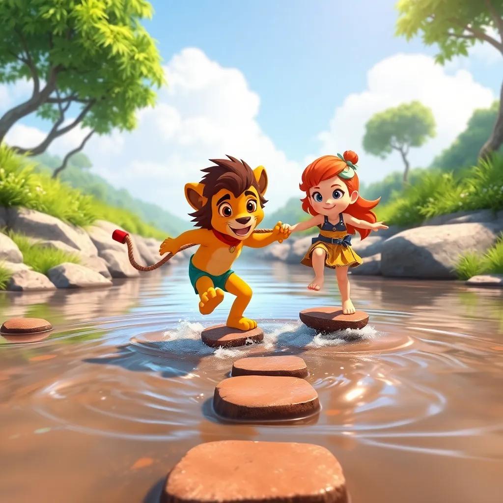 Leo and Miko crossing a river together, helping each other with ropes and stepping stones, teamwork, playful scene, sunny day, vibrant colors