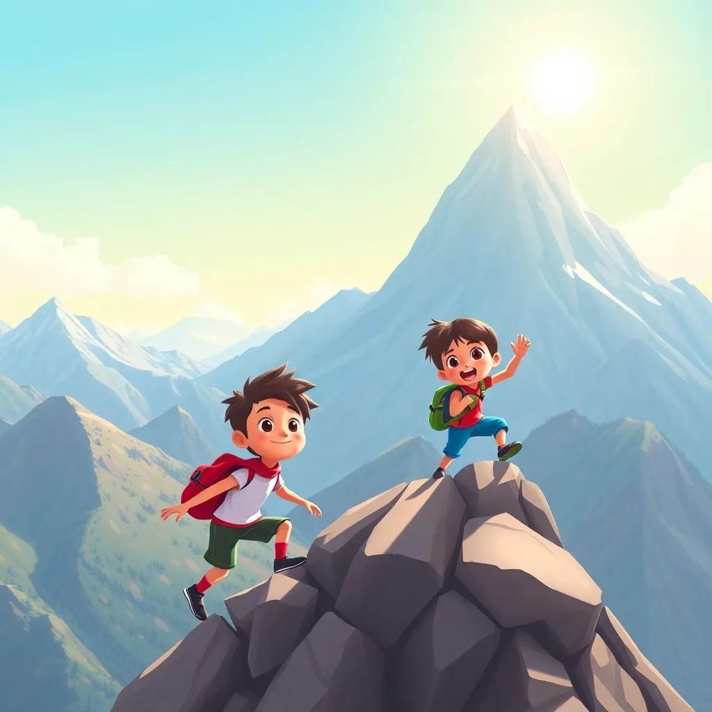 Leo and Miko climbing a big mountain, showing determination on their faces, the sun shining bright, colorful mountain scenery, adventure illustration, child-friendly