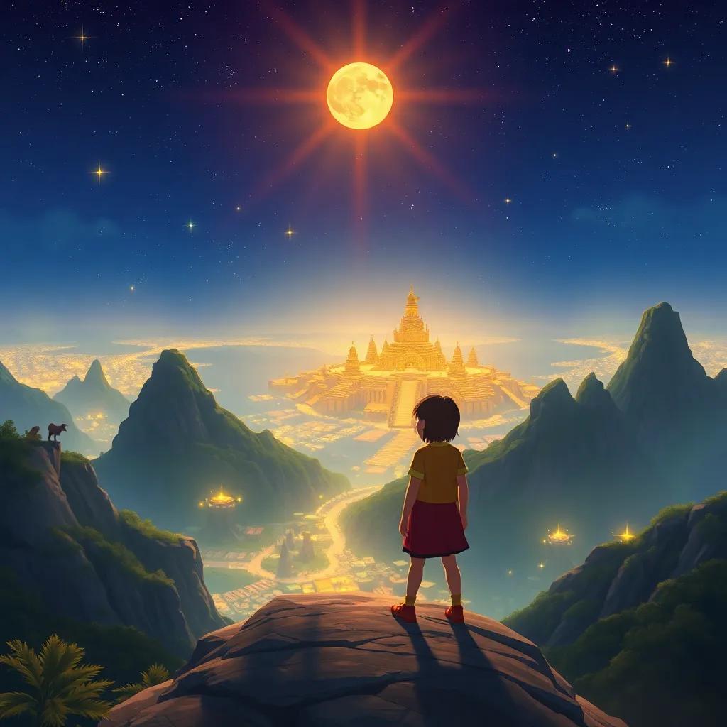 Leo and Miko standing on top of the mountain, looking down at the Lost City of Gold, exciting and magical view, bright sparkling lights, illustration