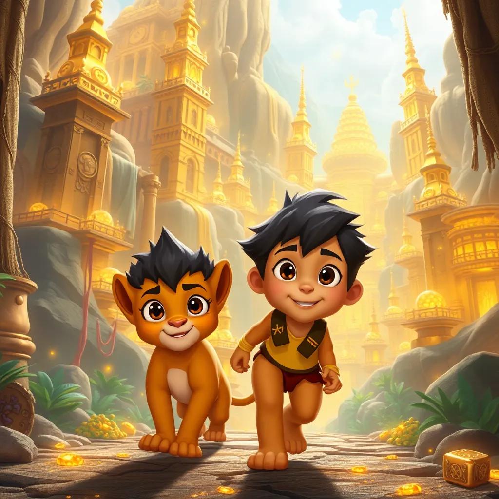 Leo and Miko entering the Lost City of Gold with tall golden buildings, wide-eyed and amazed, vibrant treasures sparkling everywhere, fantasy scene, bright and inviting