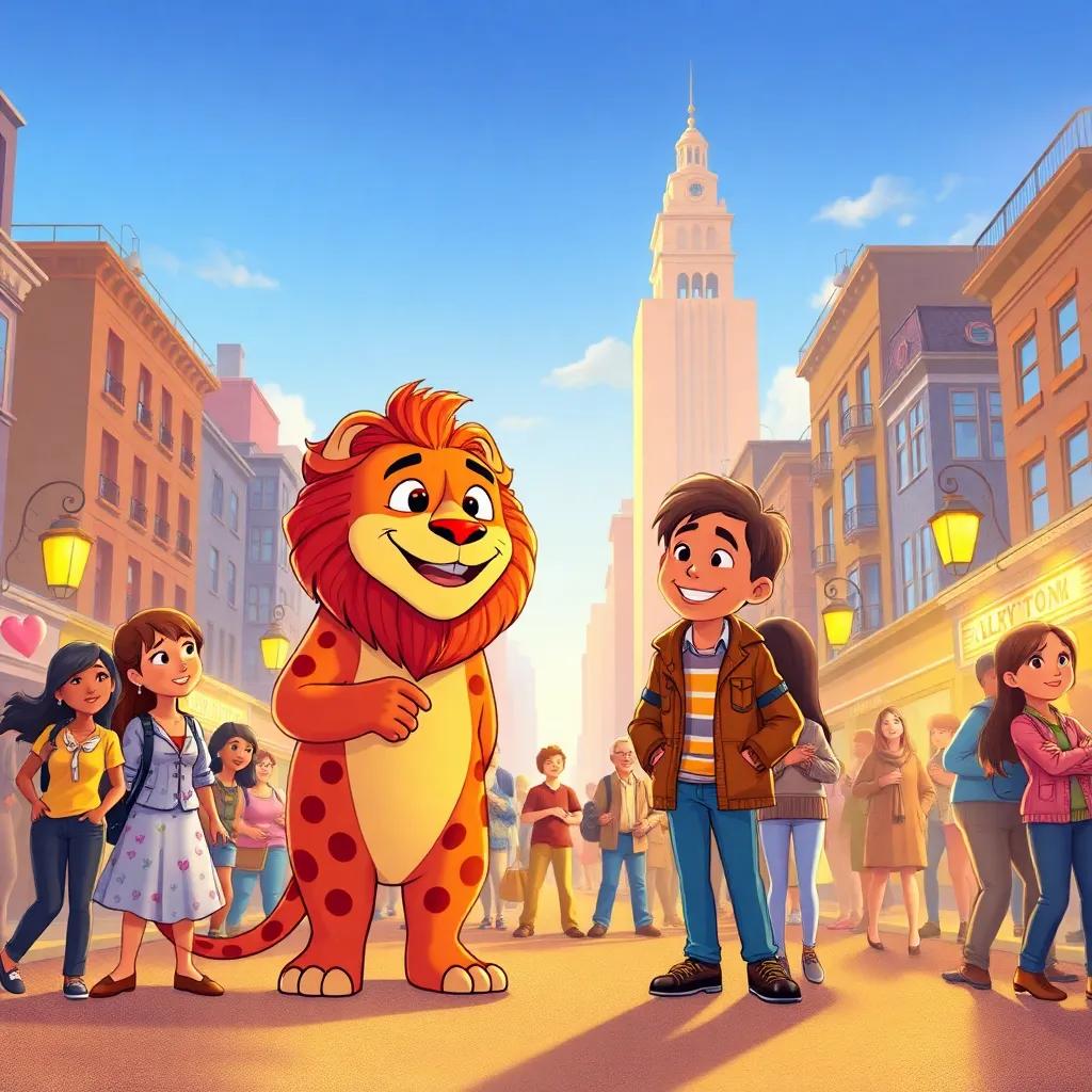 Leo and friendly people in the city, sharing smiles and stories of teamwork, golden streets under a blue sky, heartwarming atmosphere, illustration