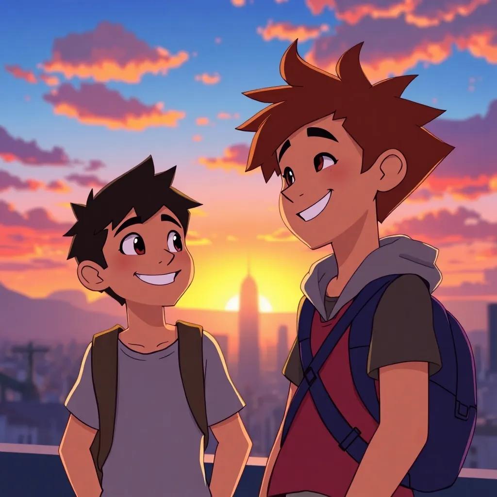 Leo and Miko reflecting on their adventure, smiling at each other with a background of the city, sense of friendship and accomplishment, colorful sunset, cheerful scene