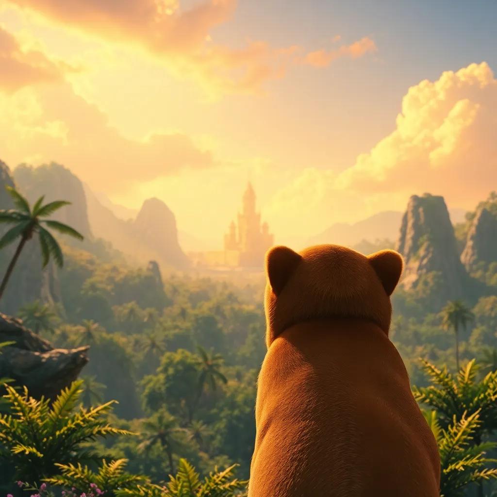 Leo looking back at the shining city of gold, feeling proud and happy, with the jungle behind him, bright colors, uplifting imagery