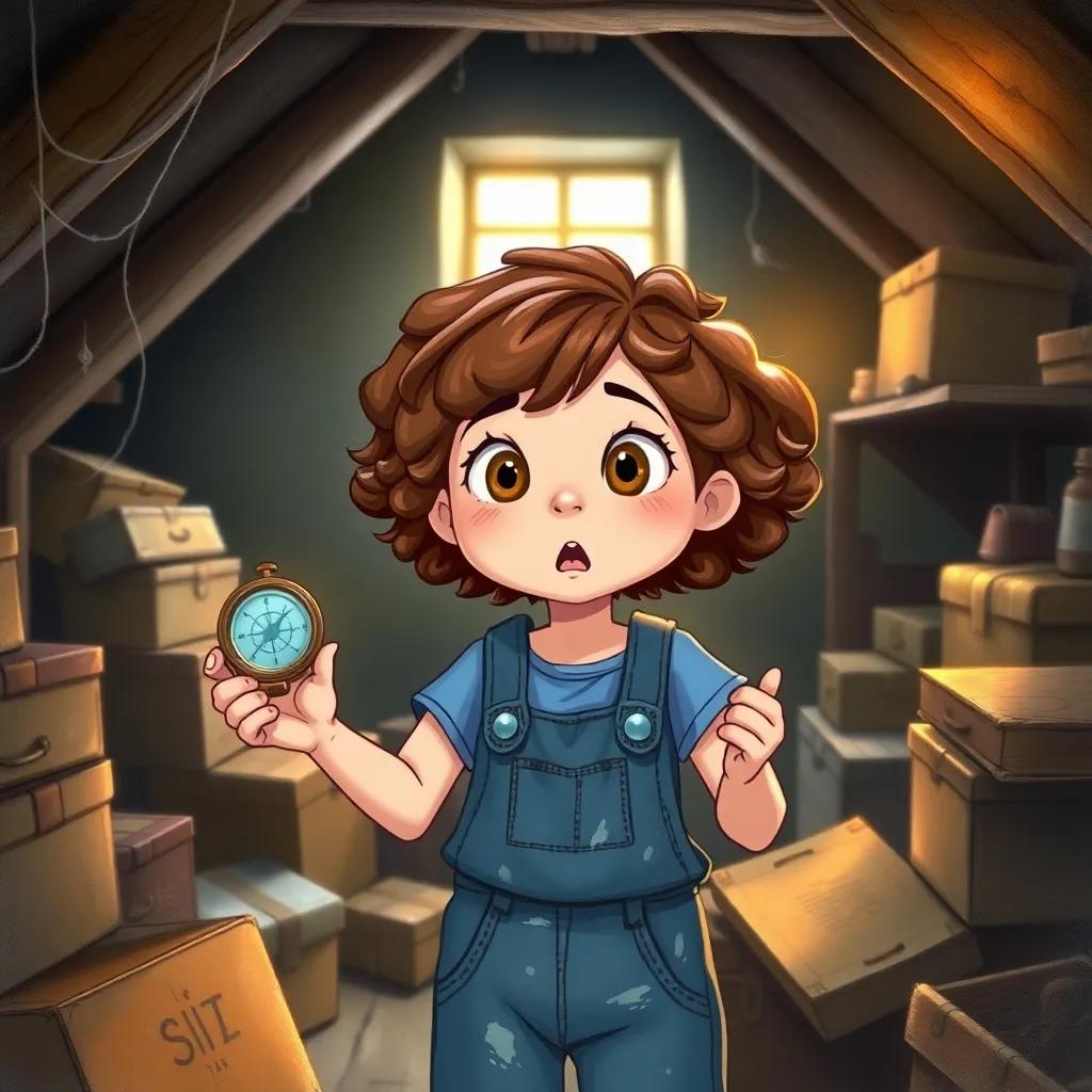 A young girl, Clara, with short, curly brown hair wearing a blue t-shirt and denim overalls, in a dusty attic filled with old boxes and cobwebs, surprised and excited holding a shiny compass, warm light filtering through a small window, adventurous, child-friendly, high-quality