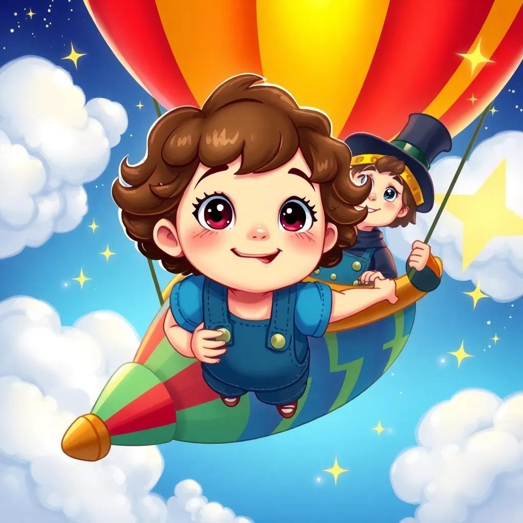 Clara, a young girl with short, curly brown hair in a blue t-shirt and denim overalls, flying on a colorful airship with Jack, a man with bright eyes and a storyteller's cap, surrounded by fluffy clouds and sparkling stars, joyful atmosphere, vibrant colors, digital art, high quality