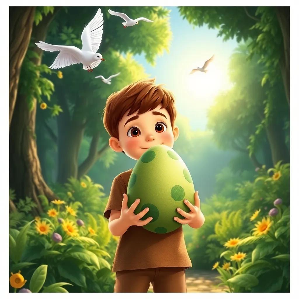 Johnny, a young boy with short brown hair, holding a big green spotted egg in his hands while standing in a lush green forest, birds flying above, bright sun shining, detailed illustration, warm and adventurous theme, child-friendly