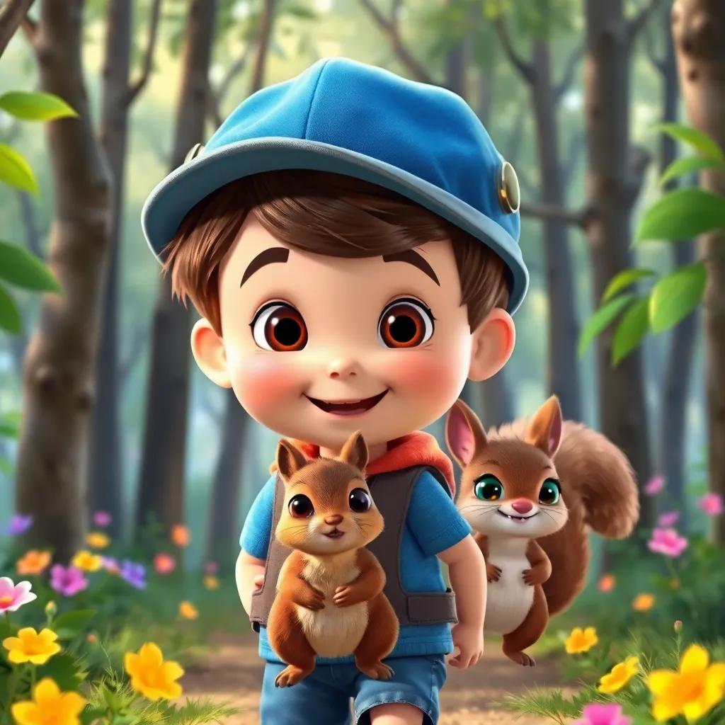 Johnny, a young boy with short brown hair, wearing a blue explorer hat, walking through a forest with a curious squirrel named Sam, a small brown squirrel with big eyes and a fluffy tail, surrounded by trees and colorful flowers, digital art, bright colors, engaging perspective, cheerful scene