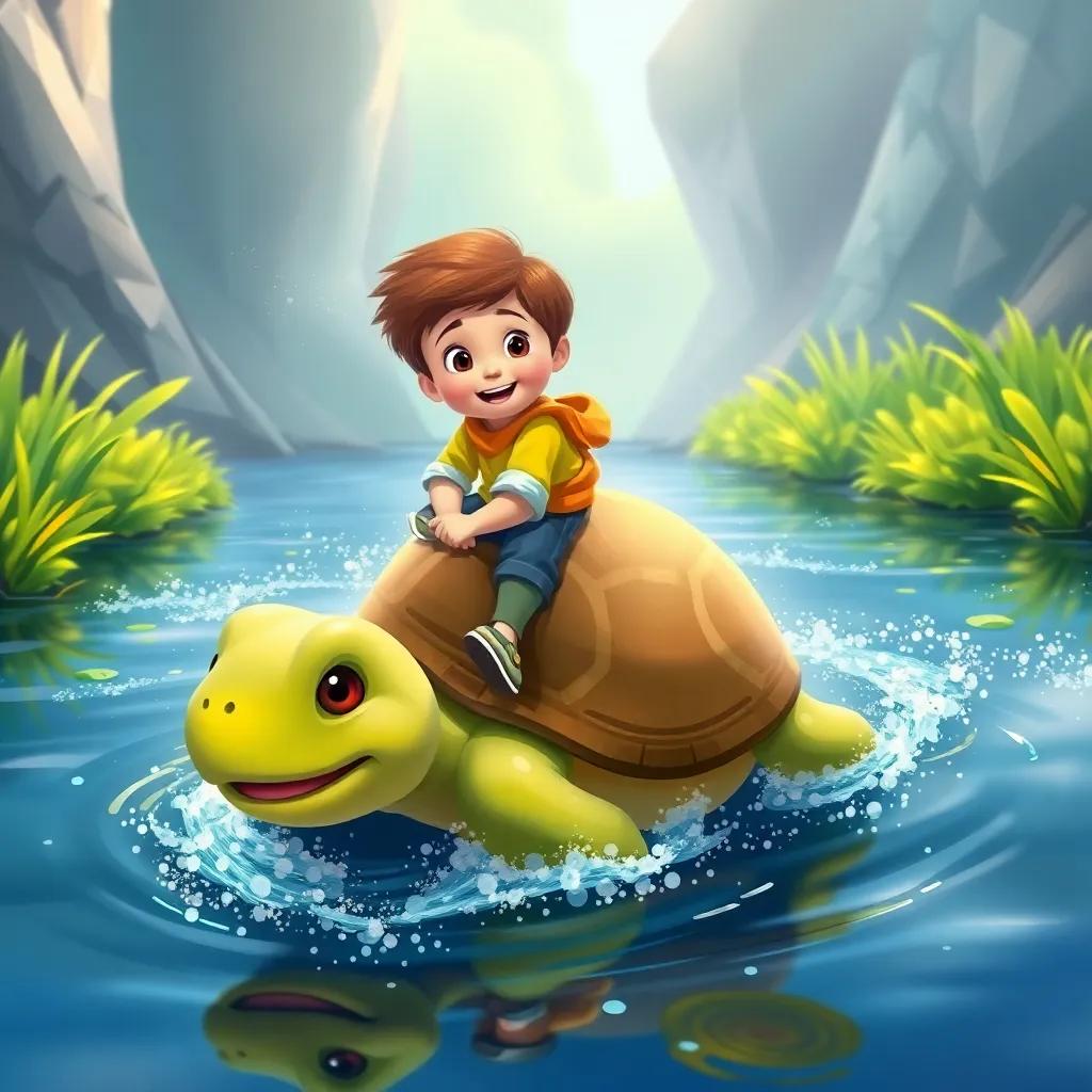 Johnny, a young boy with short brown hair, riding on the back of a friendly turtle named Tina, who has a warm smile, crossing a river with sparkling water and bright green plants along the banks, digital painting, playful atmosphere, joyful colors, heartwarming