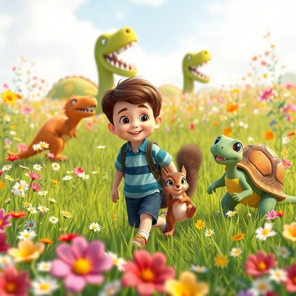 Johnny, a young boy with short brown hair, Sam the squirrel, and Tina the turtle walking through a flower-filled grassy field, with happy dinosaur roars echoing in the background, colorful flowers swaying in the breeze, illustration, lively and engaging, cheerful setting