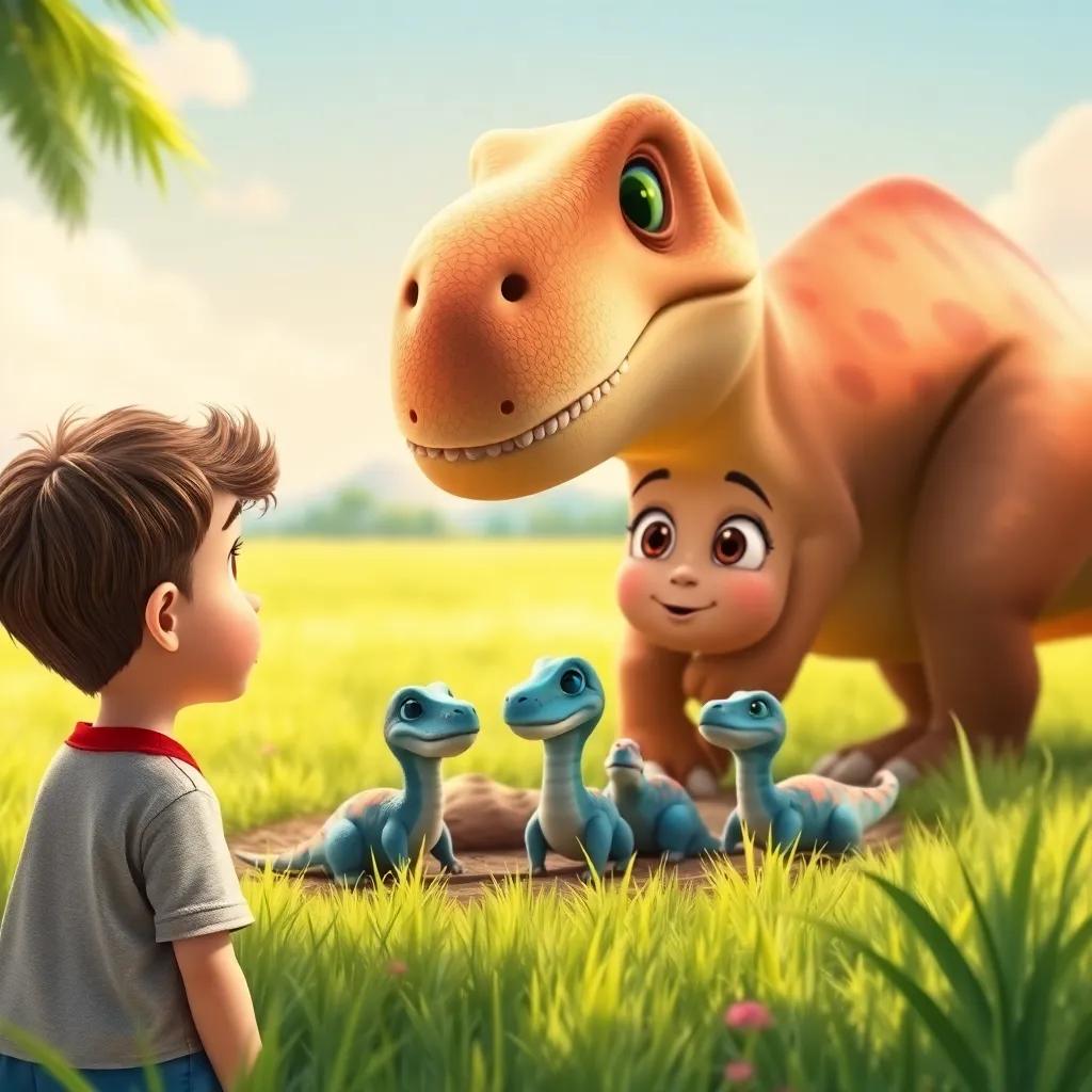 Johnny, a young boy with short brown hair, looking amazed as he approaches a nest of dinosaur babies playing in a sunny field, the mother dinosaur being a large gentle creature with a friendly face, digital art, vibrant colors, welcoming atmosphere, kid-friendly