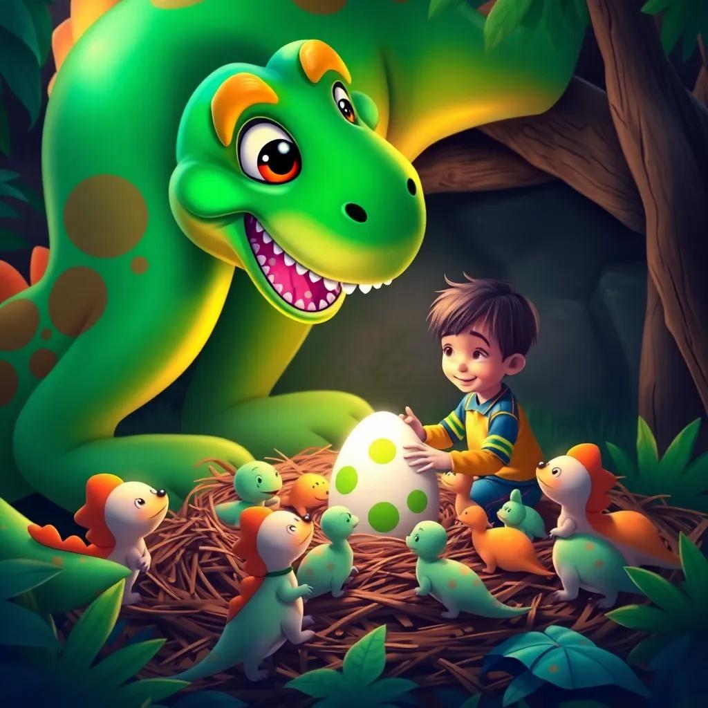 A mother dinosaur, a friendly large creature with big eyes and a swinging tail, smiling at Johnny as he gently places the green spotted egg in a cozy dinosaur nest surrounded by playful babies, colorful and heartwarming, digital painting, bright and inviting scene, colorful