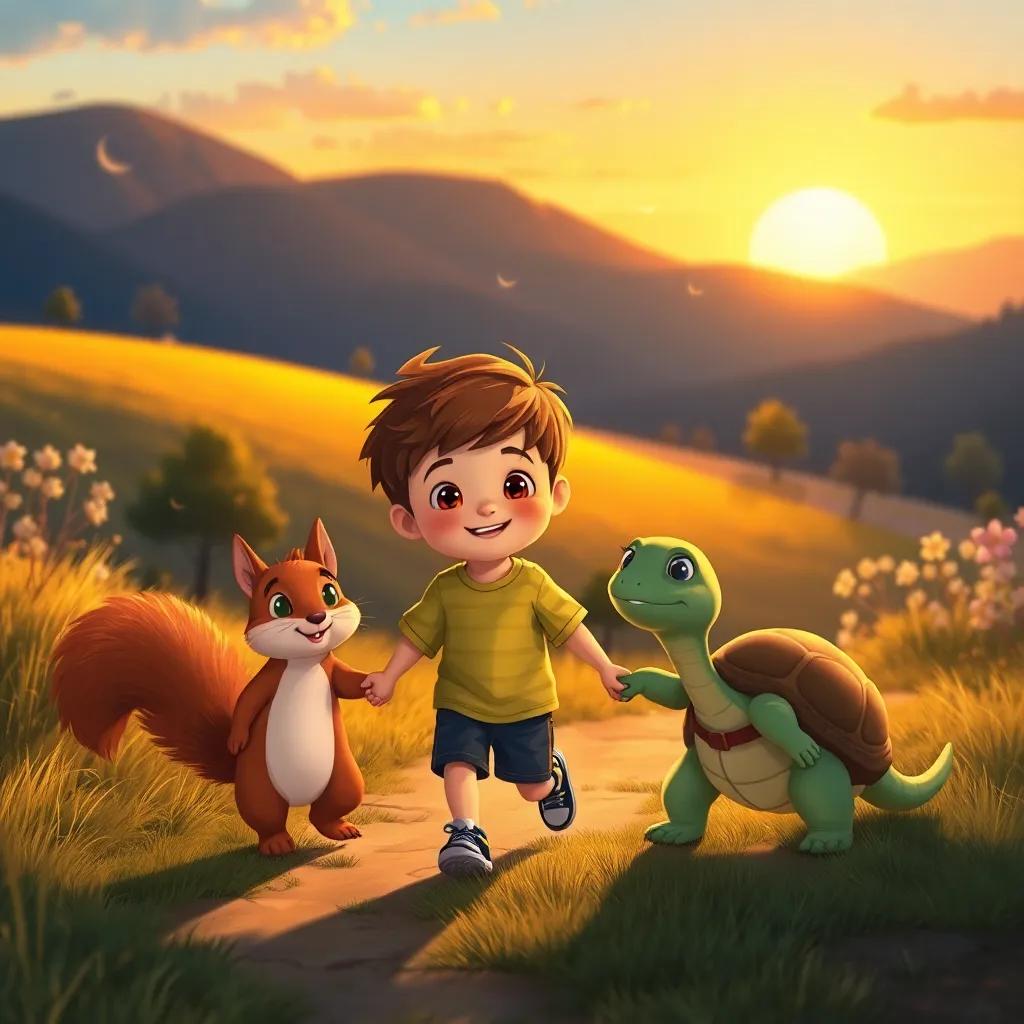 Johnny, a young boy with short brown hair, holding hands with Sam the squirrel and Tina the turtle as they walk home at sunset, golden light bathing the landscape, reflecting their friendship and adventure, illustration, heartwarming colors, joyful closing scene